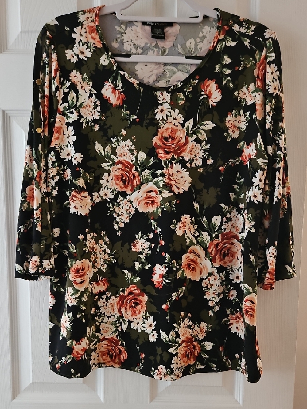 Robert Louis Black Floral Long Sleeve Scoop Neck Top with Green & Peach Roses